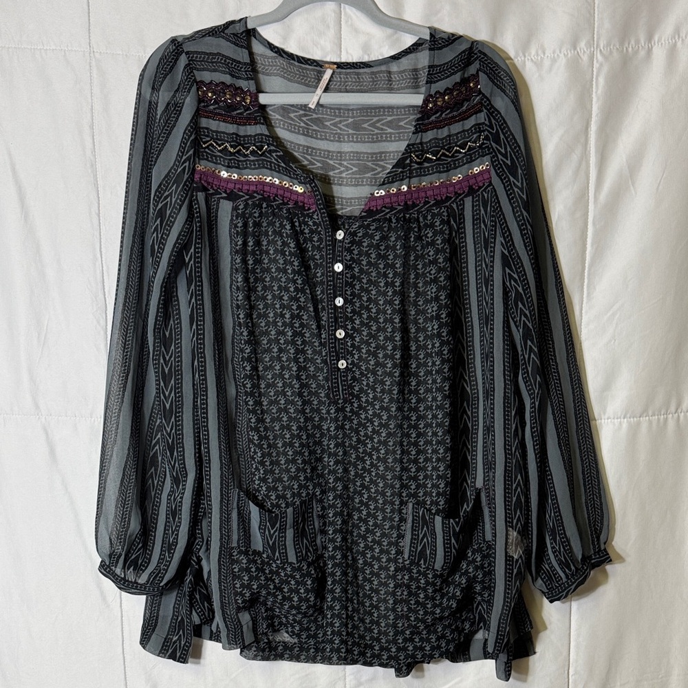 Free People Sheer Boho Peasant Blouse Small Embroidered Button Front‎